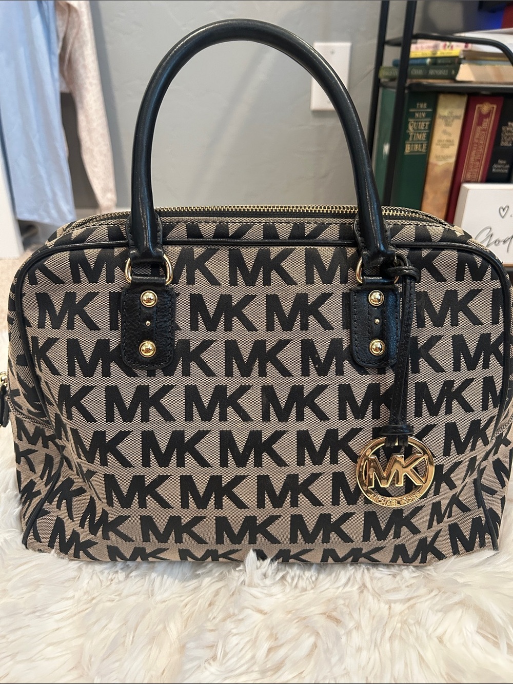 Michael Kors Black and Beige MK Logo Dome Satchel